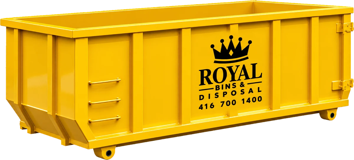 A yellow Royal Bins & Disposal roll-off bin, lettered with the crown logo and (416) 700-1400.